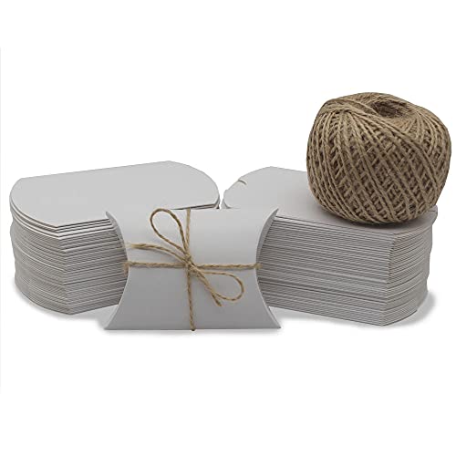 Cajas De Almohadas, 100 Piezas Caja De Dulces De Papel, Cajas De Almohada De Papel Kraft, con Cordón De Yute 60M, para Dulces, Joyas, Nueces, Chocolate (Blanco)