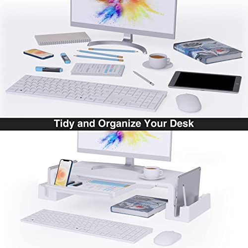 COKWEL Soporte de Monitor con Alturas Ajustables Monitor Elevador Mesa con Organizador para Almacenamiento, para Monitor de PC Ordenador portátil Impresora de Oficina Alivia el Dolor de Cuello -Blanco