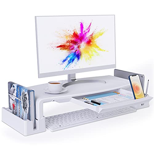 COKWEL Soporte de Monitor con Alturas Ajustables Monitor Elevador Mesa con Organizador para Almacenamiento, para Monitor de PC Ordenador portátil Impresora de Oficina Alivia el Dolor de Cuello -Blanco