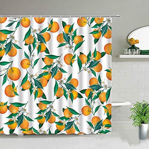 Cortina de Ducha con patrón de Naranja Amarillo Fruta exótica Flor de limón Hoja Verde mampara de baño Cortina Impermeable S.15 200x200cm