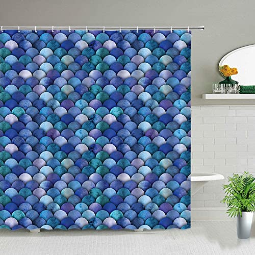 Cortina de Ducha de baño Impermeable decoración de bañera geométrica Cortina de Ducha de Tela con Estampado de Escamas de Pescado Negro S.2 150x180cm