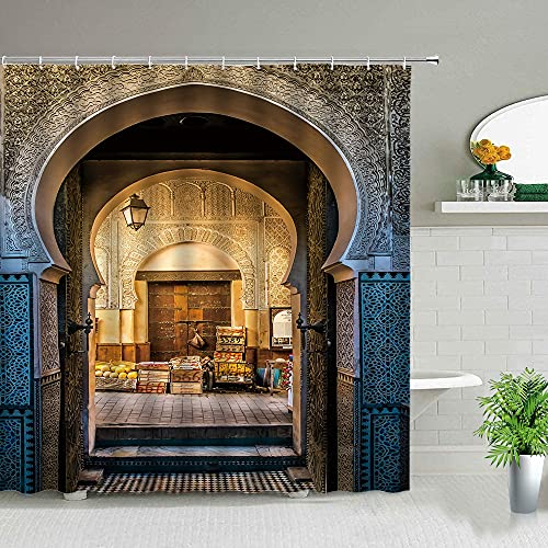 Cortina de Ducha de Tela Impermeable Arco árabe Marruecos Puertas Antiguas Imprimir Pantalla de baño Puerta de Madera Vieja Cortinas de baño con Gancho 180x180cm G