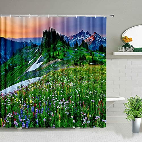 Cortinas de Ducha de Paisaje Natural árboles forestales Prado Verde Flor Primavera baño decoración Cortina de Tela Impermeable S.28 150x200cm
