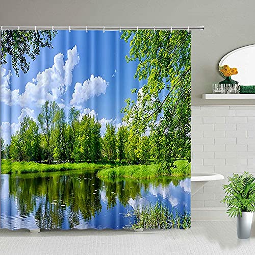 Cortinas de Ducha de Paisaje Natural árboles forestales Prado Verde Flor Primavera baño decoración Cortina de Tela Impermeable S.28 150x200cm