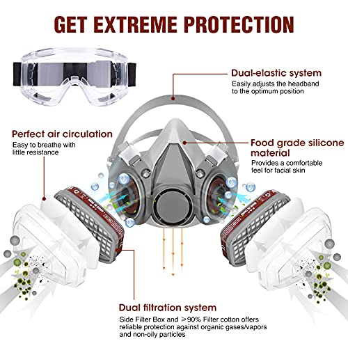 Cubierta para la cara del polvo, para pintura, polvo, partículas, pulido a máquina, soldadura y otra protección del trabajo, con gafas de seguridad y 8 paquetes de filtro de algodón