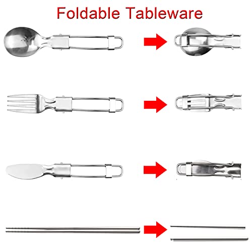 Cubiertos para Acampar en Acero Inoxidable Cubiertos portátiles Inoxidable Cubiertos Camping Plegable Cubiertos de Viaje Cuchara Tenedor Cuchillo Palillos para Uso en Hogar Recorrido Acampar 2 Set