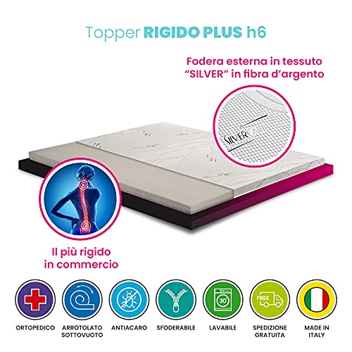 Cubrecolchón muy rígido, corrector ortopédico para colchón de caucho espuma de 6 cm de altura, tejido hipoalergénico desenfundable, 4 lados de plata - ortopédico individual 80 x 190 cm