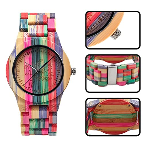 Dapuly Reloj de cuarzo de madera de bambú, hecho a mano, analógico, colorido, sencillo reloj de pulsera, par de brazaletes, arco iris, masculino, moderno, reloj de pulsera con ajuste para amor, rojo,