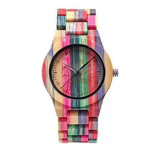 Dapuly Reloj de cuarzo de madera de bambú, hecho a mano, analógico, colorido, sencillo reloj de pulsera, par de brazaletes, arco iris, masculino, moderno, reloj de pulsera con ajuste para amor, rojo,