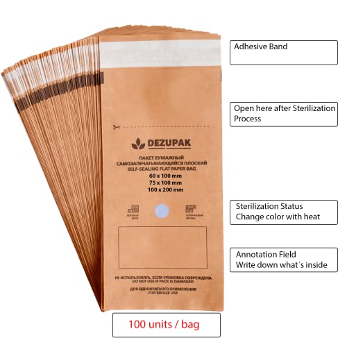 DEZUPAK 100 Bolsas de Esterilización Autoclave Instrumentos manicura pedicura con indicador y sellado (75X150)