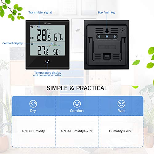 DOQAUS Termómetro Higrómetro Digital para Interior y Exterior, Medidor de Temperatura y Humedad con Sensor Inalámbrico Remoto para Habitación o al Aire Libre(Negro)