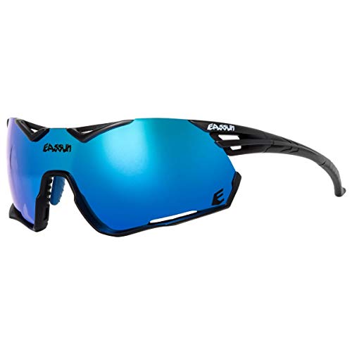 EASSUN Gafas de Ciclismo Challenge, Solares Cat 3, Antideslizantes y Adaptables - Negro Mate, Azul Revo