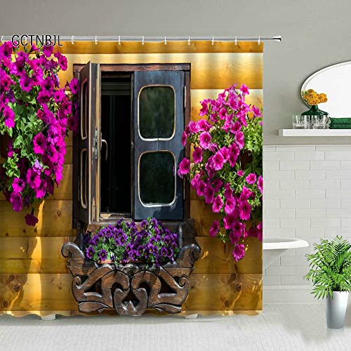 Edificio Retro Puerta Vieja Cortinas de Ducha Planta Primavera Paisaje Natural Cortina de baño Bañera Decoración para el hogar Pantalla S.16 180x200cm