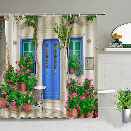 Edificio Retro Puerta Vieja Cortinas de Ducha Planta Primavera Paisaje Natural Cortina de baño Bañera Decoración para el hogar Pantalla S.16 180x200cm