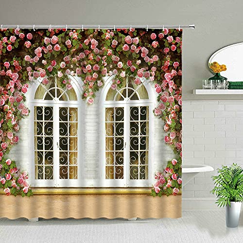 Edificio Retro Puerta Vieja Cortinas de Ducha Planta Primavera Paisaje Natural Cortina de baño Bañera Decoración para el hogar Pantalla S.16 180x200cm
