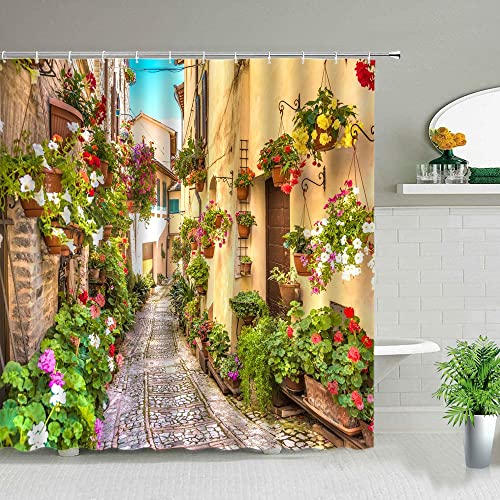Edificio Retro Puerta Vieja Cortinas de Ducha Planta Primavera Paisaje Natural Cortina de baño Bañera Decoración para el hogar Pantalla S.16 180x200cm