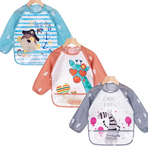 ElecMotive 3pcs Babero con Mangas Impermeable Babero de Manga larga Niños Niñas 8-36 Meses