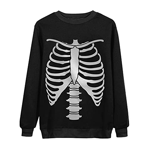 Fcostumer Camiseta de manga larga para mujer, con cuello redondo, para Halloween, divertida, con impresión de huesos, holgada, deportiva, para invierno, otoño, talla grande, 01-negro, M