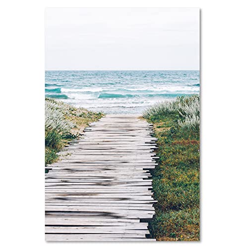 Feeby Impresión en Material Tejido no Tejido Camino de madera Oceano Dunas Playa 80x120 cm Cuadro de Pared XXL Imagen Gráfica Estética Mar Ondas Césped Naturaleza Verde