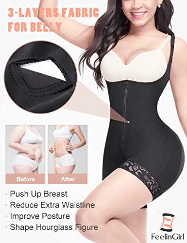 FeelinGirl Mujer Faja Reductora con Cinta Ajustable Corsé Ajustable Cremallera Shapewear Corset Waist Trainer Negro XXL/Talla 44-46