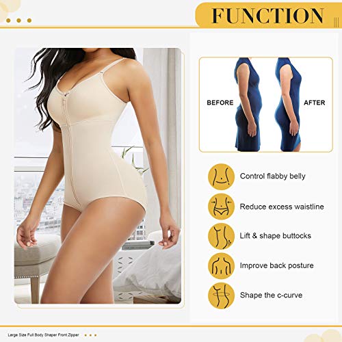 FeelinGirl Mujer Faja Reductora con Tirantes Ajustables Cubre Busto Cremallera Frontal Corset de Cuerpo Completo Braga Moldeadora Shapewear Overbust Body Shaper Gran Tamaño Beige 6XL/Talla 54-56