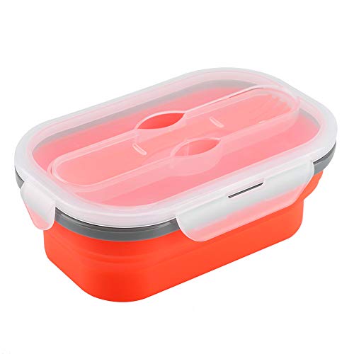 Fiambrera de Silicona/Fiambrera Plegable - Recipiente de Almacenamiento de Alimentos Plegable con Posición de Tenedor y Cuchara a Prueba de Fugas para Picnic, Trabajo,etc(Rojo)