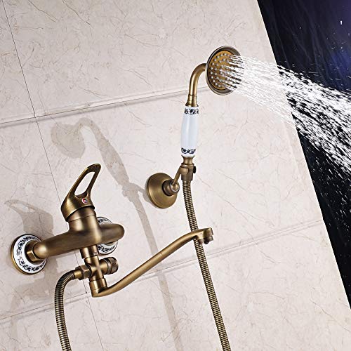 FMXKSW Set de Ducha, latón Antiguo Tubo de Salida de Agua de Nariz Larga Grifo de baño Mezclador de bañera Monomando de Control Manija de baño y Ducha Grúa fría y Caliente, caño de 16 cm