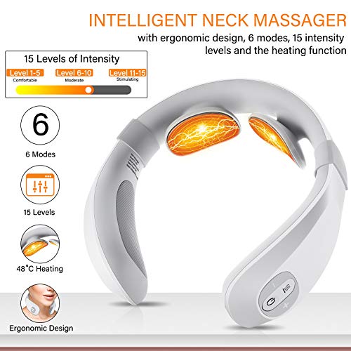 FORTHiQ Masajeador de Cuello Cervical Portátil, Masajeador Eléctrico Inteligente para Aliviar el Dolor, 6 Modos, 15 Niveles de Intensidad, con Función de Calor, 4 Almohadillas de Gel Incluidas