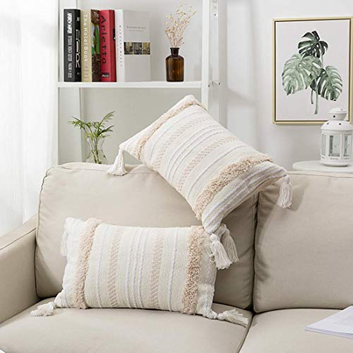 Funda de almohada borla de punto para decoración del hogar, fundas de almohada de color beige sólido tejido fundas de cojín para sofá o sala de estar 30x50