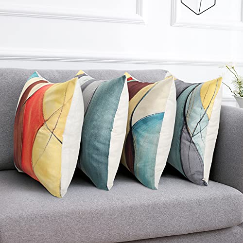 Fundas Cojines de Lino de Algodón 45x45 Fundas Cojines de Arte Abstracto Colorido Cojines Decorativos para Sofá Sala de Estar Dormitorio Cojines Decorativos para El Hogar Juego de 4