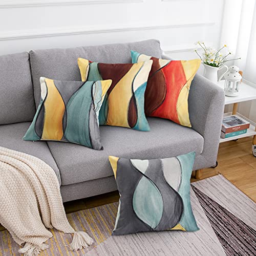 Fundas Cojines de Lino de Algodón 45x45 Fundas Cojines de Arte Abstracto Colorido Cojines Decorativos para Sofá Sala de Estar Dormitorio Cojines Decorativos para El Hogar Juego de 4