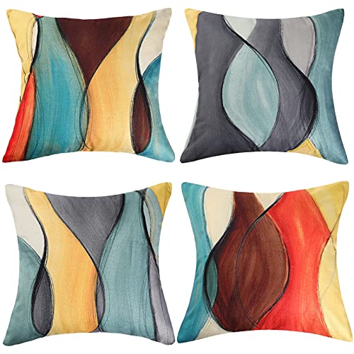 Fundas Cojines de Lino de Algodón 45x45 Fundas Cojines de Arte Abstracto Colorido Cojines Decorativos para Sofá Sala de Estar Dormitorio Cojines Decorativos para El Hogar Juego de 4