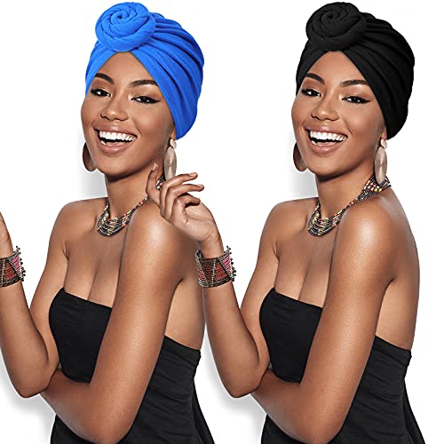 Geyoga 2 Turbantes Africanos Sombrero Gorro Pre-Atado para Mujer, Negro, Azul Real
