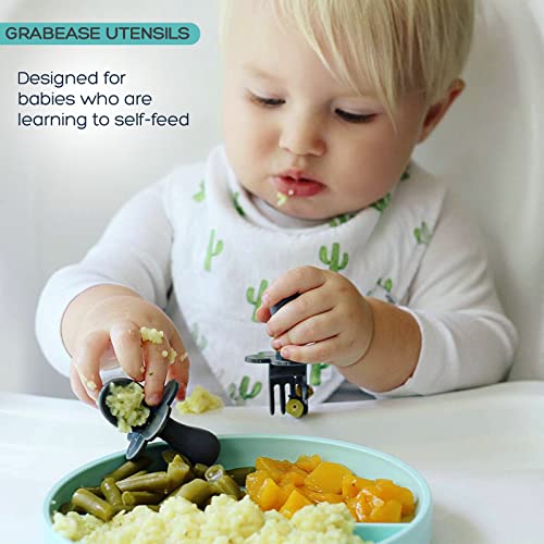 grabease Utensilios de autoalimentación para bebés y niños pequeños - Juego de cuchara y tenedor para el destete dirigido por el bebé - Hecho de plástico no tóxico - Con barreras protectoras