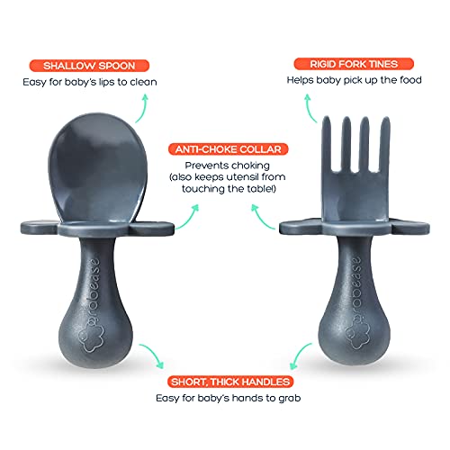 grabease Utensilios de autoalimentación para bebés y niños pequeños - Juego de cuchara y tenedor para el destete dirigido por el bebé - Hecho de plástico no tóxico - Con barreras protectoras