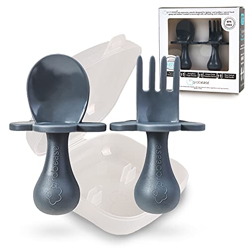 grabease Utensilios de autoalimentación para bebés y niños pequeños - Juego de cuchara y tenedor para el destete dirigido por el bebé - Hecho de plástico no tóxico - Con barreras protectoras