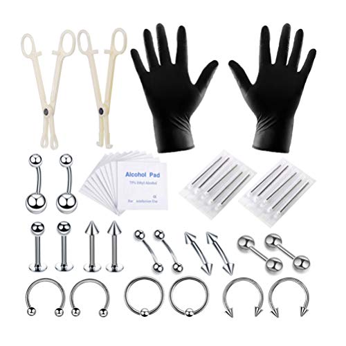 Healifty 42 piezas kit de perforación corporal agujas quirúrgicas profesionales de acero para orejas pinzas de perforación ombligo lengua ceja labio nariz piercing herramienta de joyería (color acero)