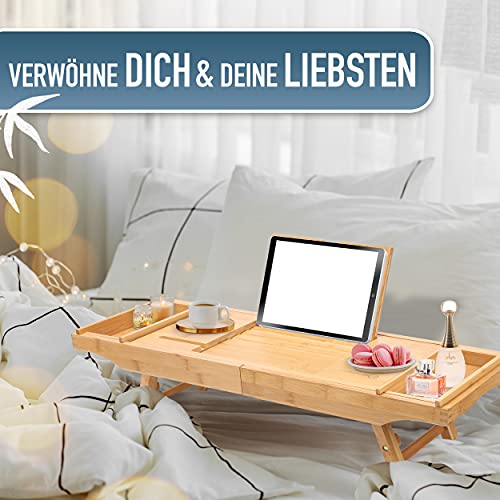 HEIMWERT Bandeja de Bañera Bandeja de Bañera - Extra Grande con Soporte Desplegable - Bandeja de Bañera Accesorios de Mesa y Bandeja de Desayuno de Madera de Bambú para Bañera de Cama