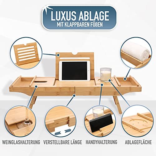 HEIMWERT Bandeja de Bañera Bandeja de Bañera - Extra Grande con Soporte Desplegable - Bandeja de Bañera Accesorios de Mesa y Bandeja de Desayuno de Madera de Bambú para Bañera de Cama