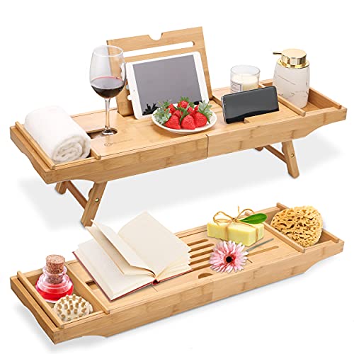 HEIMWERT Bandeja de Bañera Bandeja de Bañera - Extra Grande con Soporte Desplegable - Bandeja de Bañera Accesorios de Mesa y Bandeja de Desayuno de Madera de Bambú para Bañera de Cama