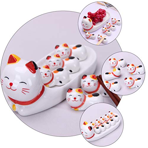 Hemoton Soporte de cerámica para palillos de gato, palillos japoneses, gato de la suerte, palillos de descanso, tenedor, soportes para cubiertos