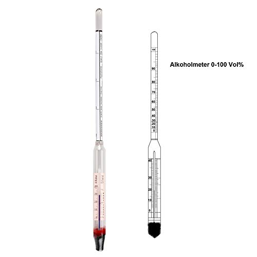 HHTEC Alcoholímetro 0-100 Vol% (con termómetro y balanza) Alcoholímetro, adecuado para todas las bebidas espirituosas o destilados, cilindro de inmersión de plástico duro, incl. instrucciones de uso