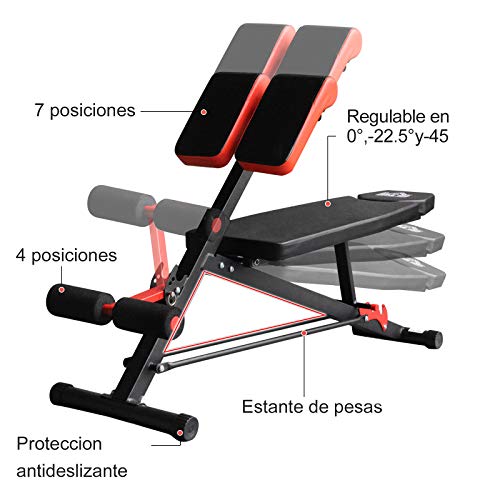 HOMCOM Banco de Mancuerna Inclinable con 4 Niveles de Altura Ajustable Banco de Pesas Musculación Multifuncional para Entrenamiento Completo 64x146x73.5-85cm