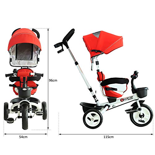HOMCOM Triciclo Bebé 4 en 1 Trolley Trike Bicicletas para Niños +18 Mes Evolutivo Asiento Giratorio Capota Barra Desmontable Control Parental Juguete Aprendizaje