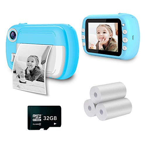 i-Paint P9 - Cámara de Fotos instantánea para niños, impresión B/N sobre Papel térmico, cámara 1080P, videocámara Digital FHD, LCD de 3,5", Micro SD de 32 GB, Color Azul