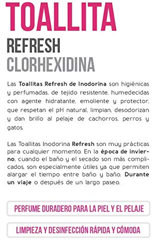 Inodorina Toallitas Desinfectantes para Perros y Gatos Refresh Clorhexidina (40 Unidades). Toallitas Húmedas de Higiene para Mascotas, Tejido Resistente Sin Alcohol. No Testado en Animales.