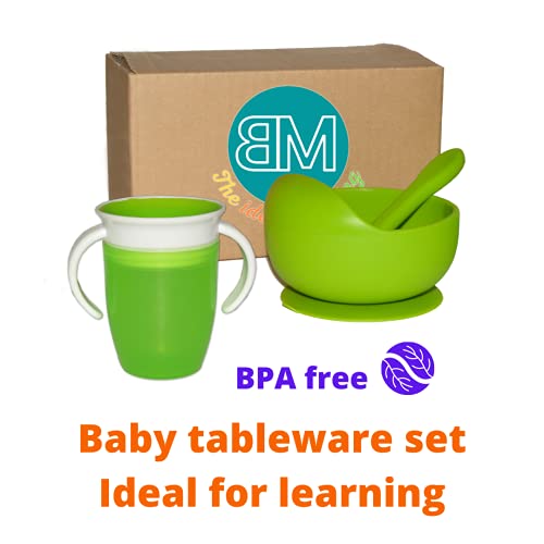 Juego vajilla bebe, imprescindible para el aprendizaje del bebe. Incluye 1 vaso antiderrame, 1 cuenco con ventosa resistente y 1 cuchara, libres de BPA.