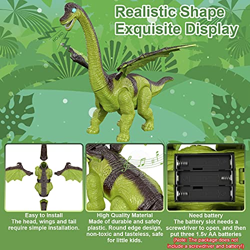 Juguete de dinosaurio GRESAHOM, juguete de animal que camina con luz y sonido, poniendo huevos, rugido al caminar, figura de juguete de braquiosaurio verde realista con ojos iluminados por LED