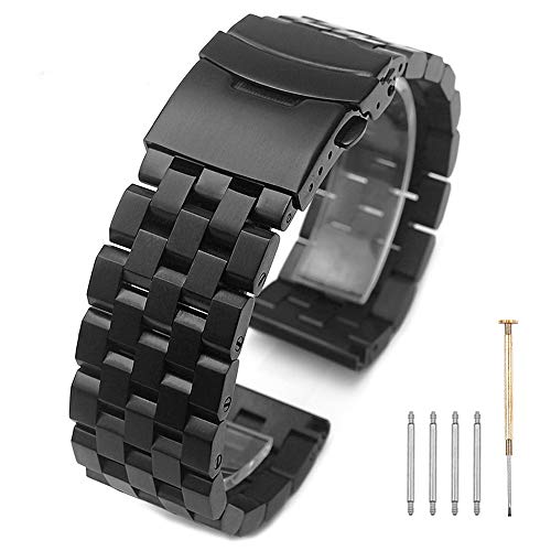 Kai Tian Pulsera de repuesto negra de 24mm Correa reloj para hombre mujerEnlaces sólidos de acero inoxidable de alta gama Ingeniero Correas de reloj de metal Doblar sobre la hebilla