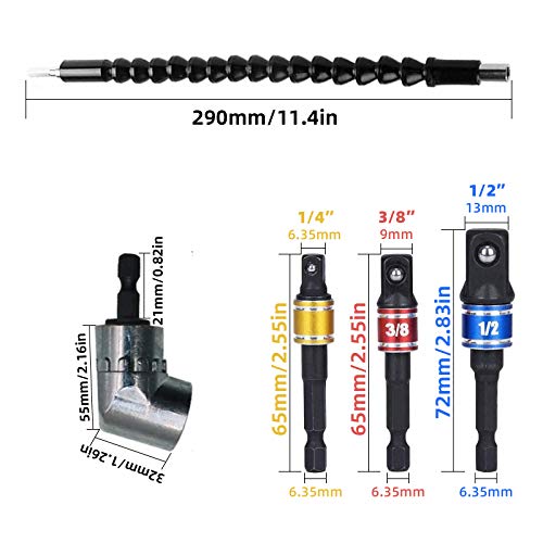 KAILEE Extensor Flexible + 105 ° Destornillador Angulo Recto + 3pcs Adaptador Llaves de Vaso para Taladro 1/4", 3/8", 1/2" + Llave de Vaso Universal 7-19mm para Taladro Llave Carraca